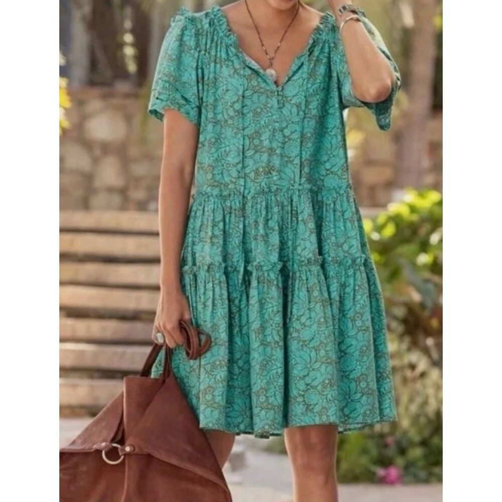 Sundance Cressida Green Floral Tiered Cotton Blend Mini Summer Dress Sz PS